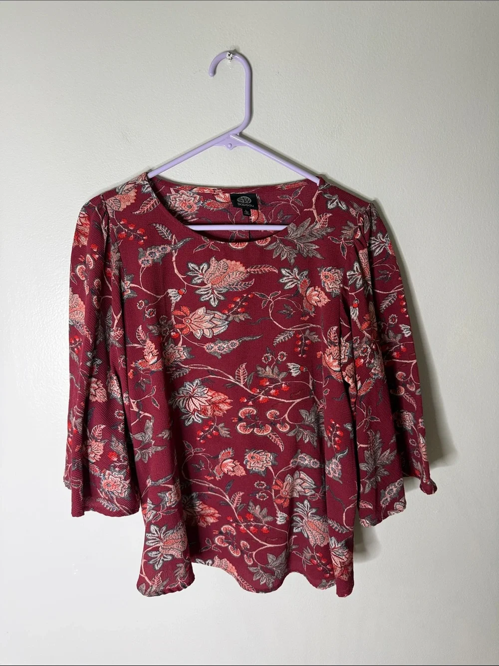 Bobeau Burgundy Floral Scoop Neck Blouse Size Large